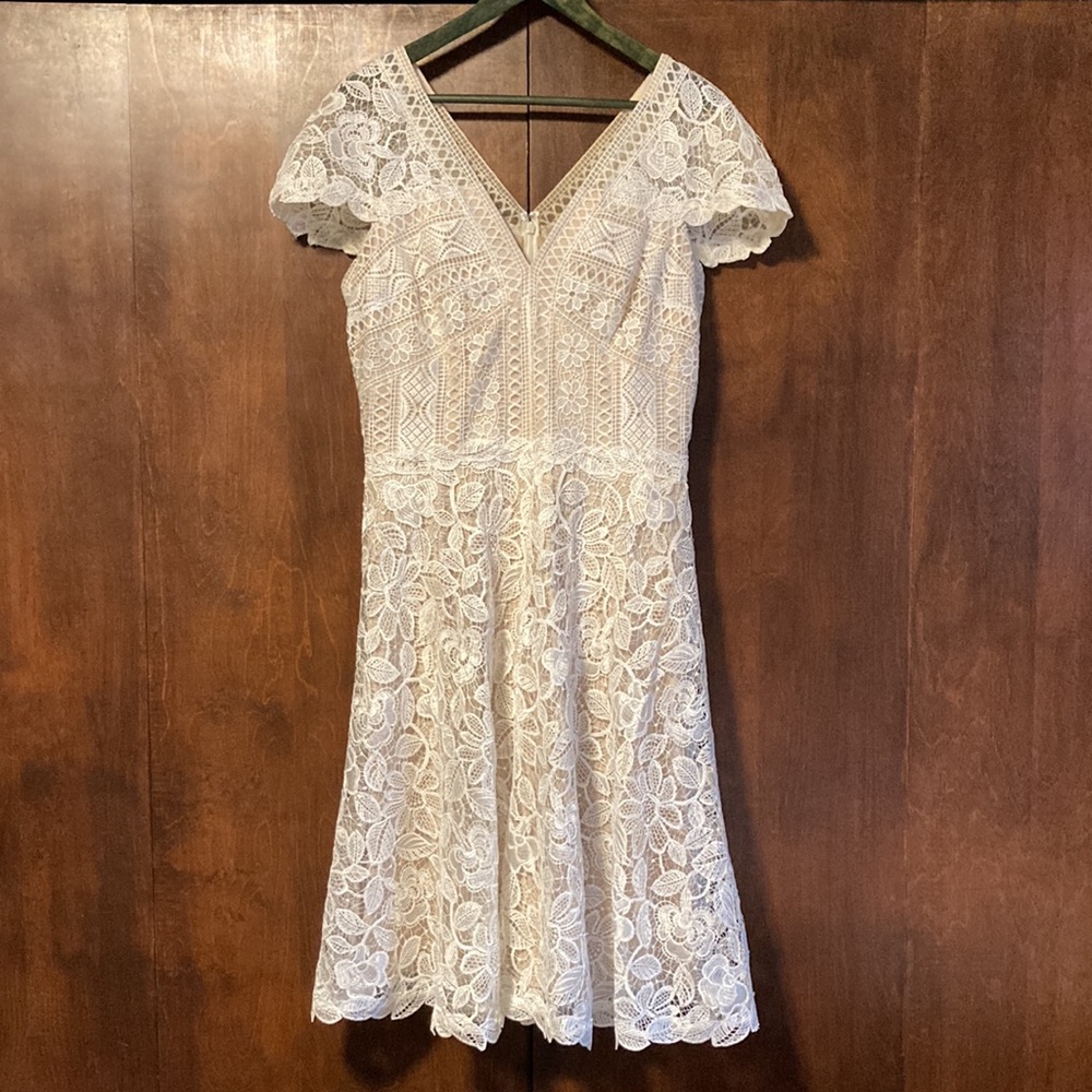 Tadashi Shoji Wedding Formal Dress Nude with Lace Overlay Tea Length, Size 12